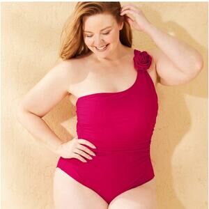 Shade & Shore Pink Rosette One Shoulder Tummy Control One Piece Swimsuit L